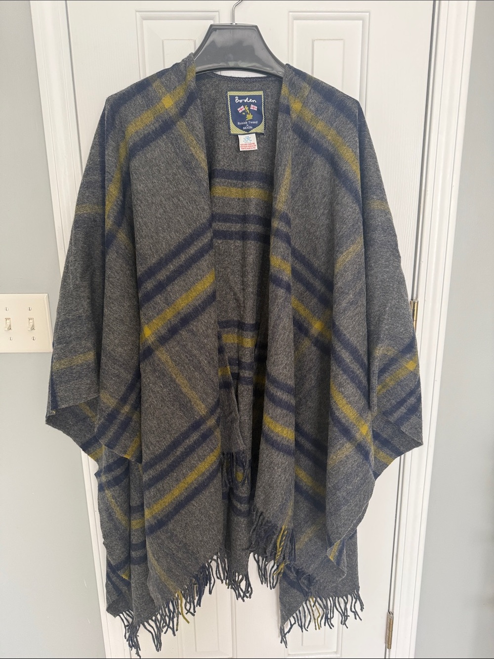 Boden Gray Plaid Fringe Cape with Navy and Mustard Stripes